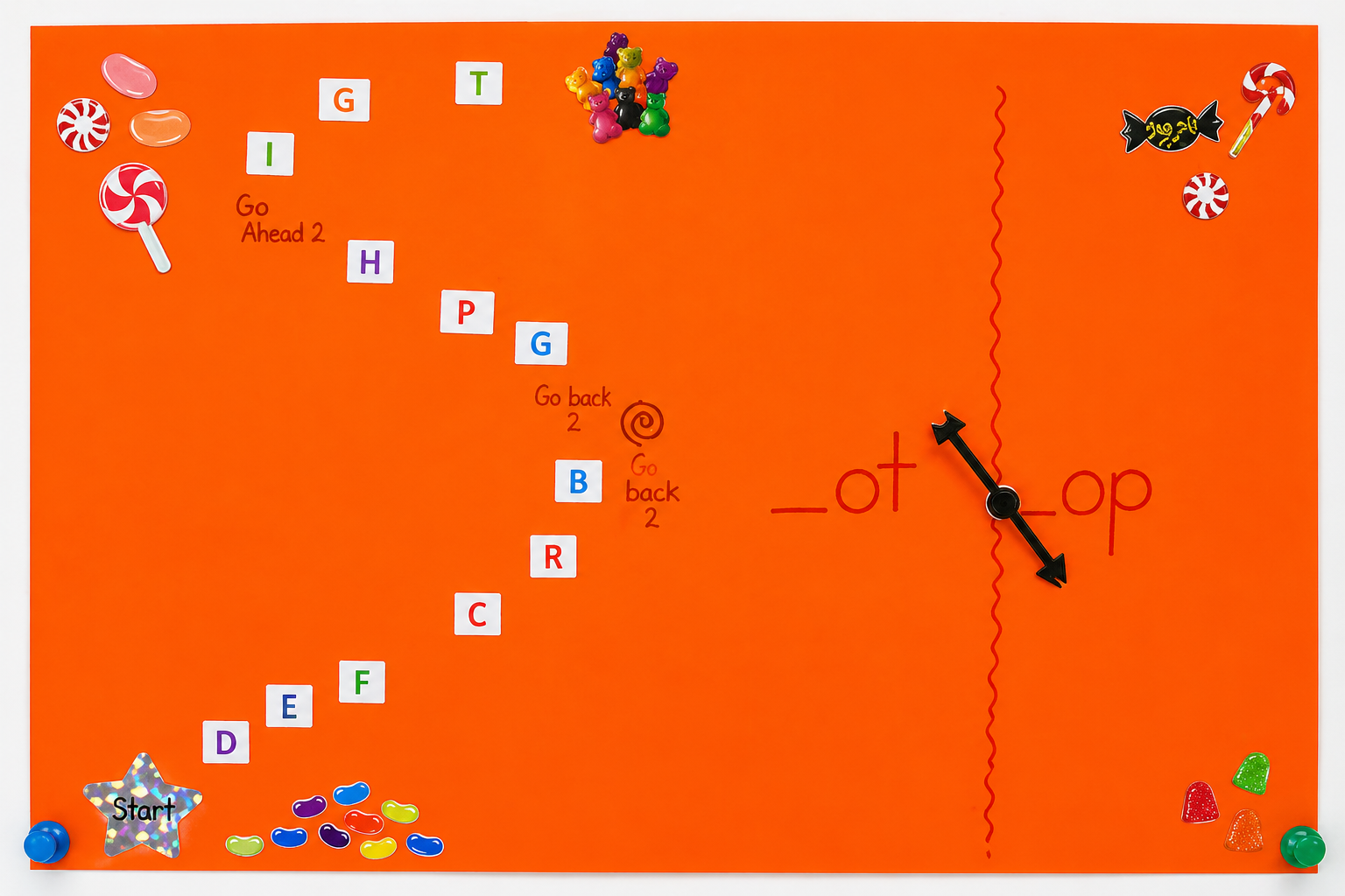 handmade board game with letters and a spinner