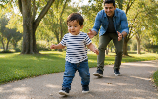 toddler boy walking with dad behind