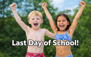 two kids celebrating the last day of school in swim suits