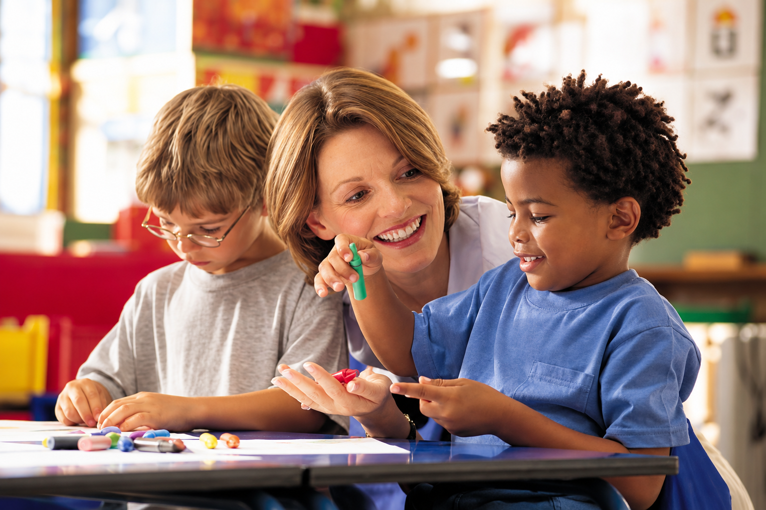 happy teacher helping two kids at a desk